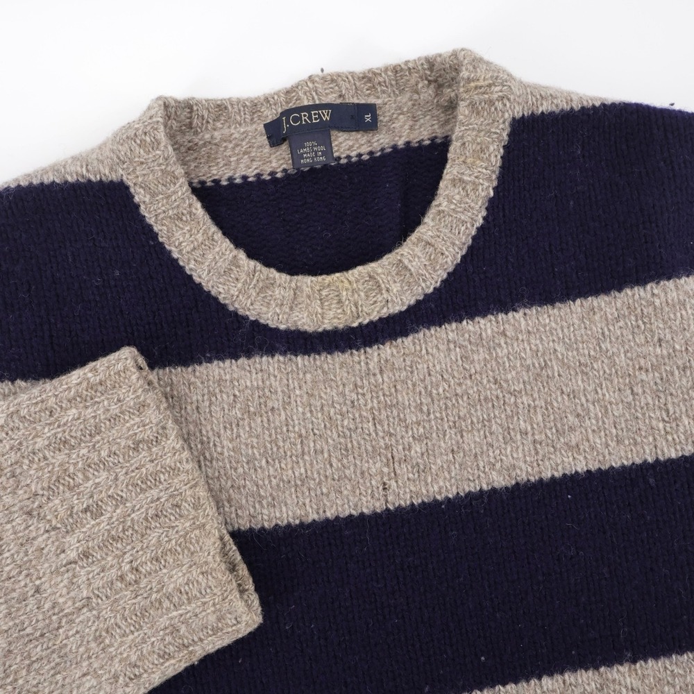 J. Crew Vintage 90s Striped 100% Lambswool Crewneck Sweater Tan Mens XL Preppy